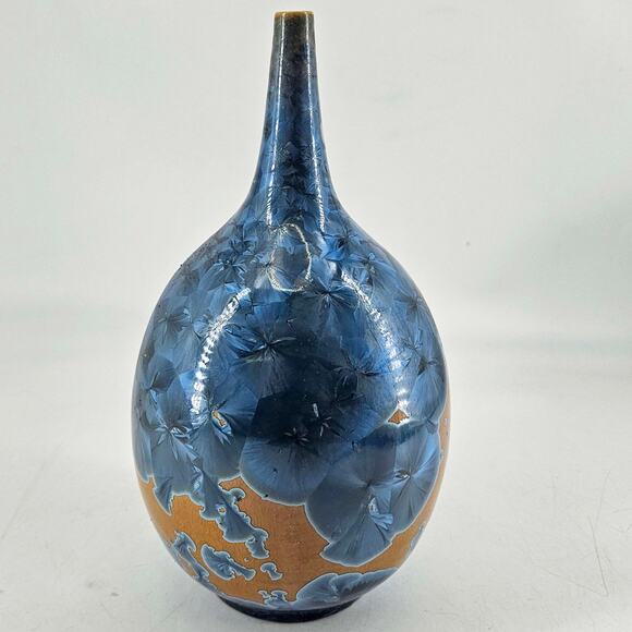 Vintage Art Pottery Crystalline Blue tan Vase Signed Ray West